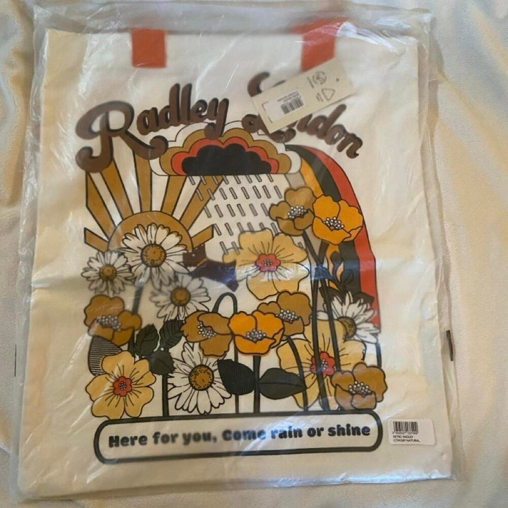 Radley London cream and orange canvas tote bag with graphic featuring flowers, s